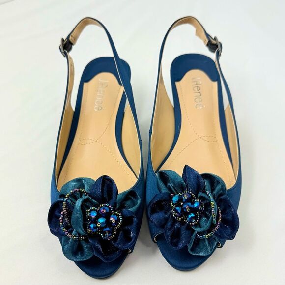 J. Renee LEONELLE Navy Blue Sparkle Bead Flower Open Toe Slingback Strap Heels - Picture 5 of 16